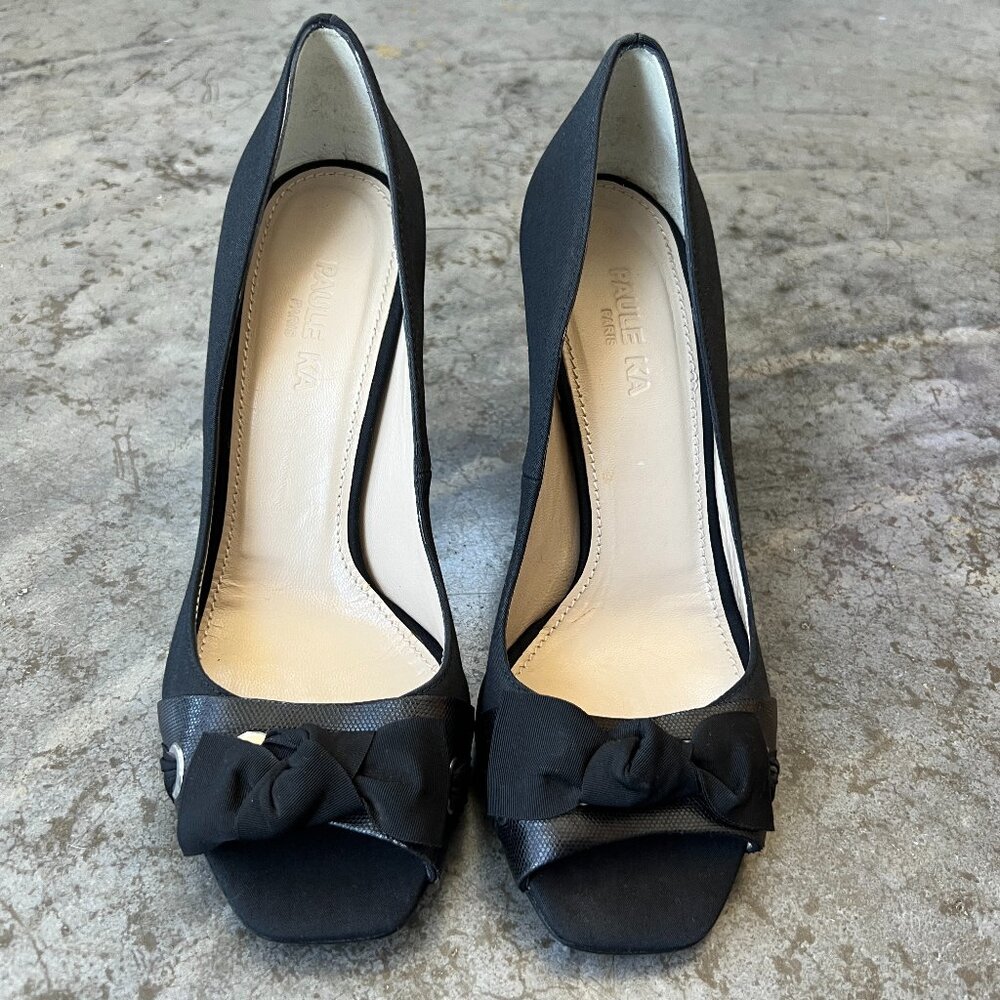 Paule Ka Paris Black Peep Toe Bow Heels Women's Size EU 38 (US 7.5 - 8)